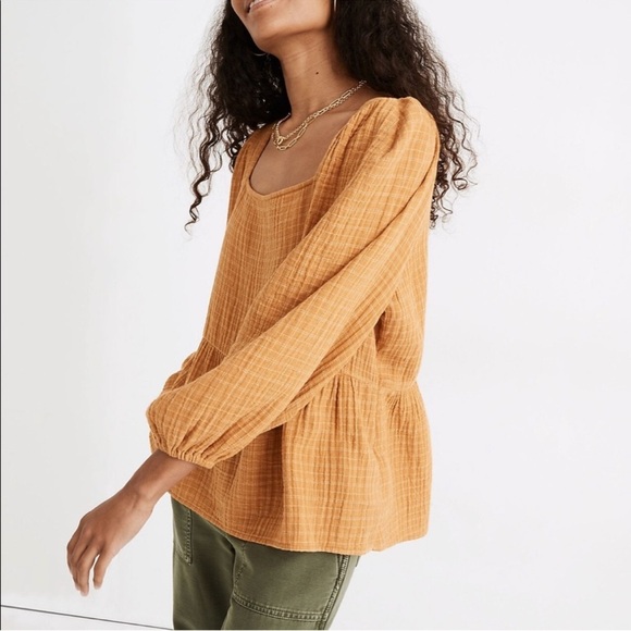 Madewell Lightspun Millbrook Puff Sleeve Peplum Top Size S Boho Square Neck - Picture 1 of 9